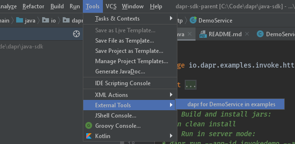 Run dapr as ‘External Tool’